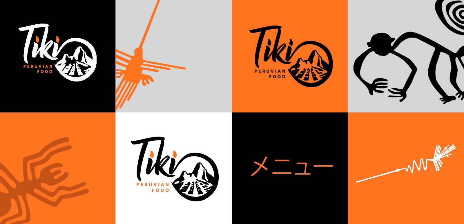 Sistema visual Tiki: variações do logotipo e elementos gráficos em laranja, preto e branco