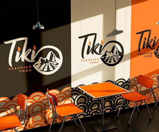 Aplicação da identidade visual Tiki nas paredes do restaurante