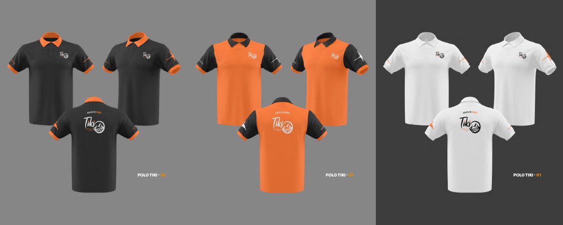 Uniformes Tiki nas versões preta, laranja e branca